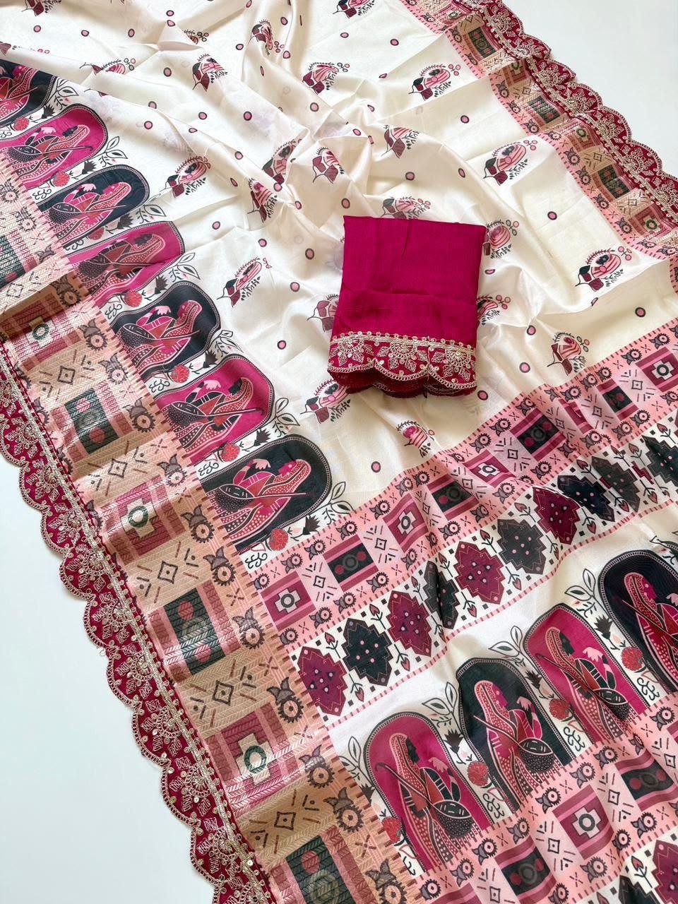 Designer Dola Banarasi Saree with Digital Print and Sequence Embroidery Border Code-A.P.F.