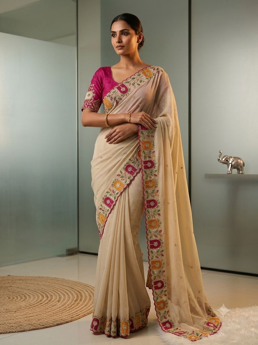 Elegant Cream Georgette Saree with Rich Embroidery and Diamond Work Code-A.F.