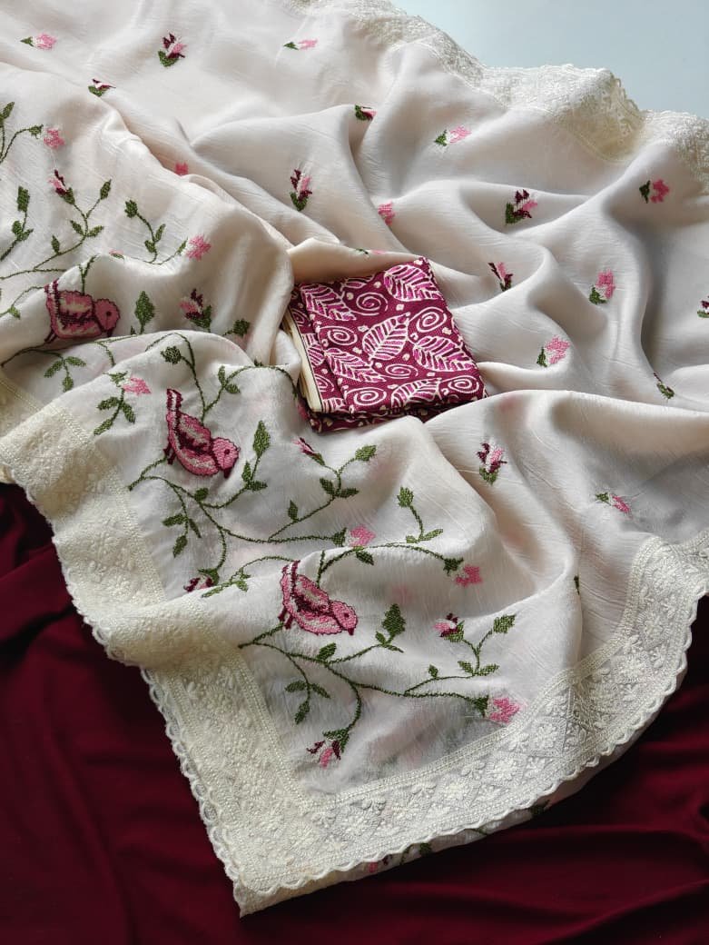 Exquisite Crushed Chiffon Saree with Sparrow and Flower Embroidery and Lucknowi Border Code !! Tasarika