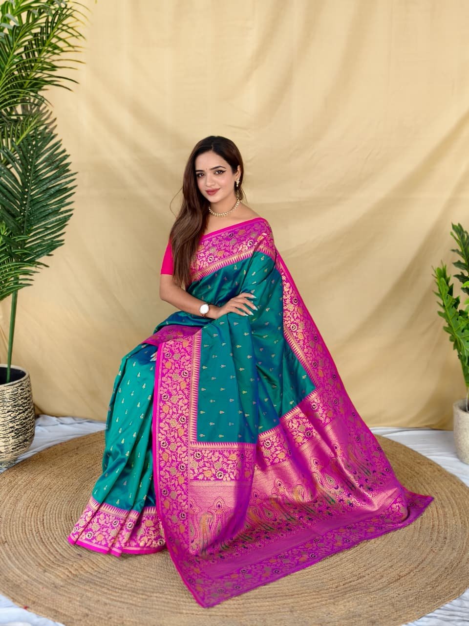 Graceful Teal Green Soft Silk Saree with Rich Zari Weaving Code-Tasarika