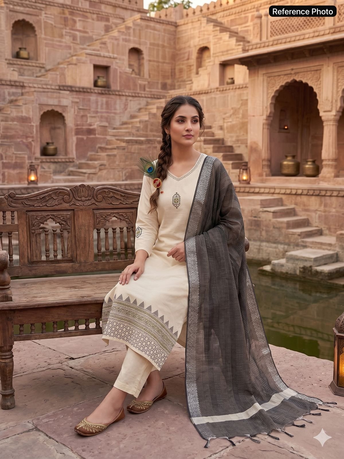 Product Name: Elegant Cream Hand Block Printed Khadi Cotton Kurta Set Code-A.P.F.