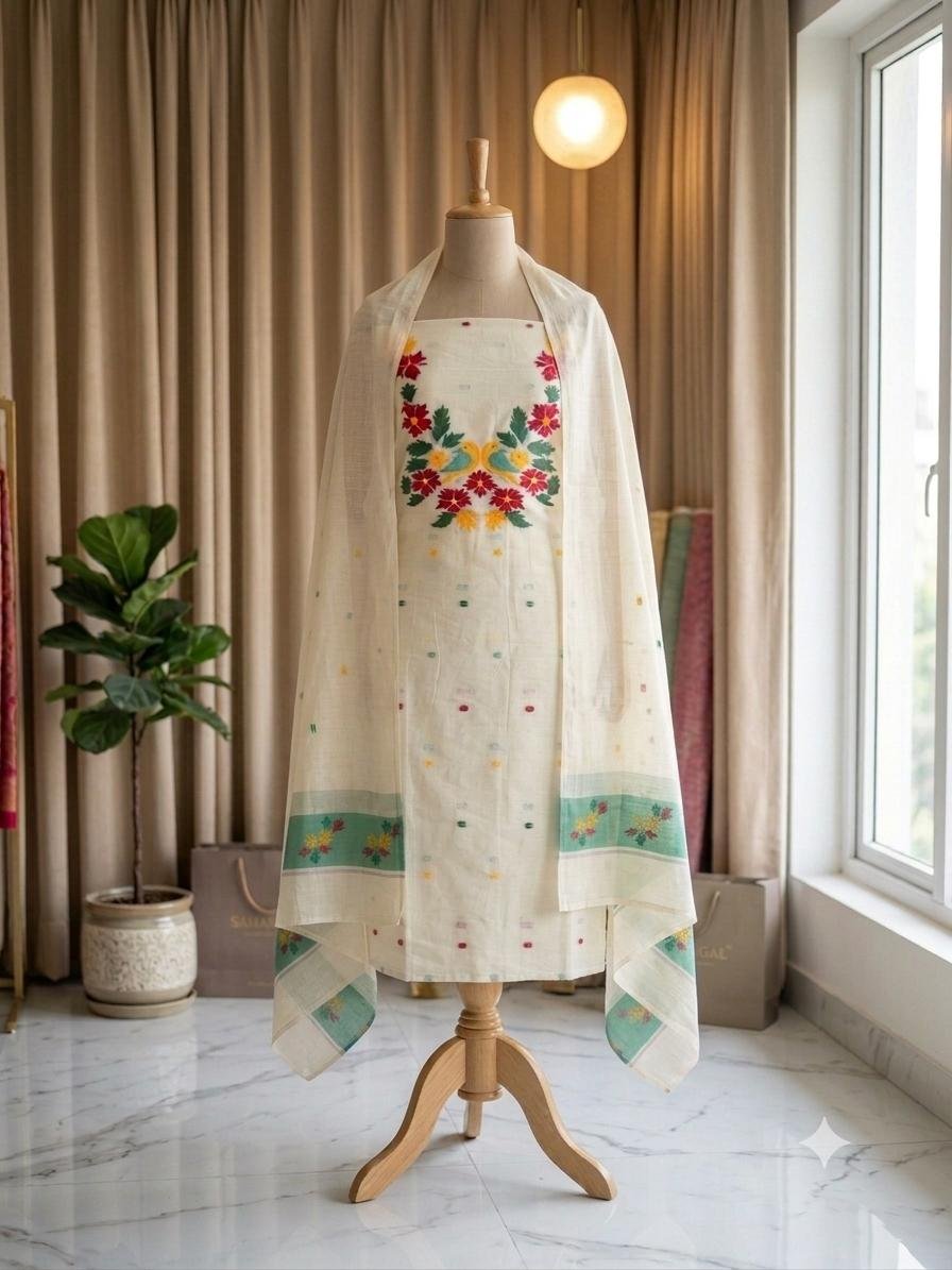 Premium Unstitched Bird Motif Vyscos Khadi Suit & Dupatta Set Code !! T.T.G.C.