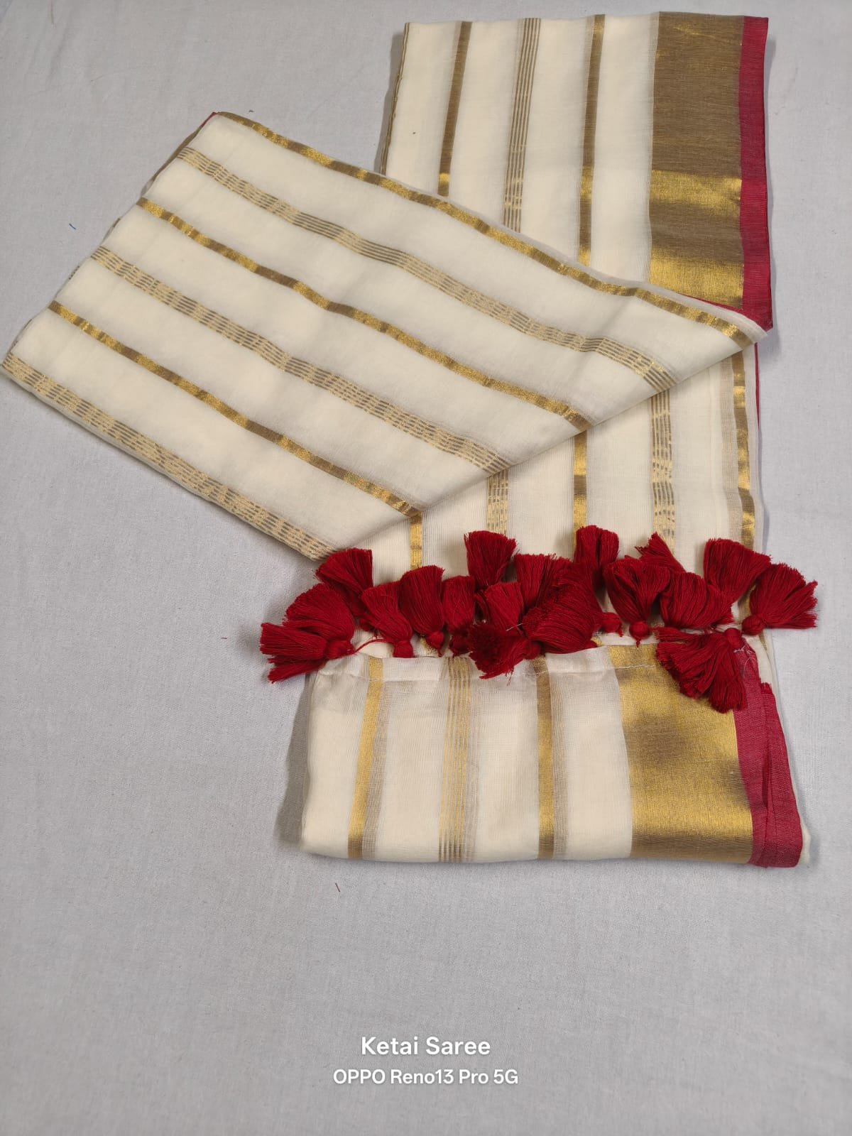 Premium Exclusive Mulmul Cotton Striped Saree with Gold Zari Border Code !! T.T.G.C