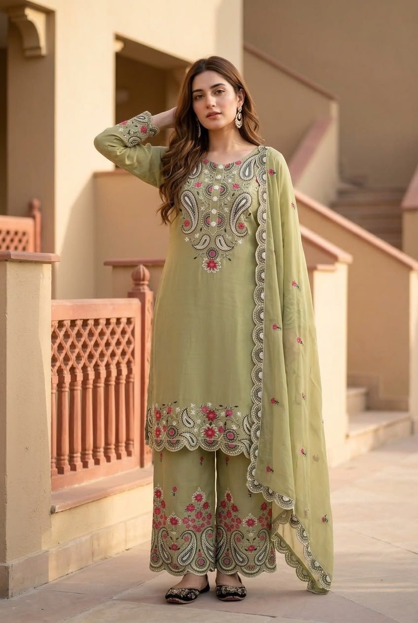 Premium Designer Roman Silk Embroidered 3-Piece Suit Set Code !! F.B.S.S.