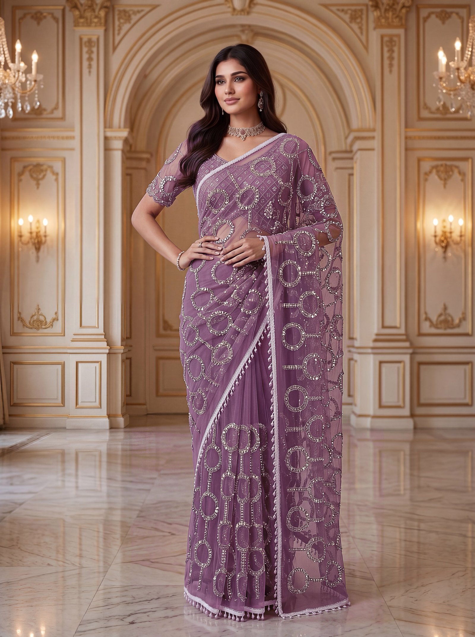 Regal Charm Hand-Embroidered Beads and Sequence Work Net Saree Code !! F.B.S.
