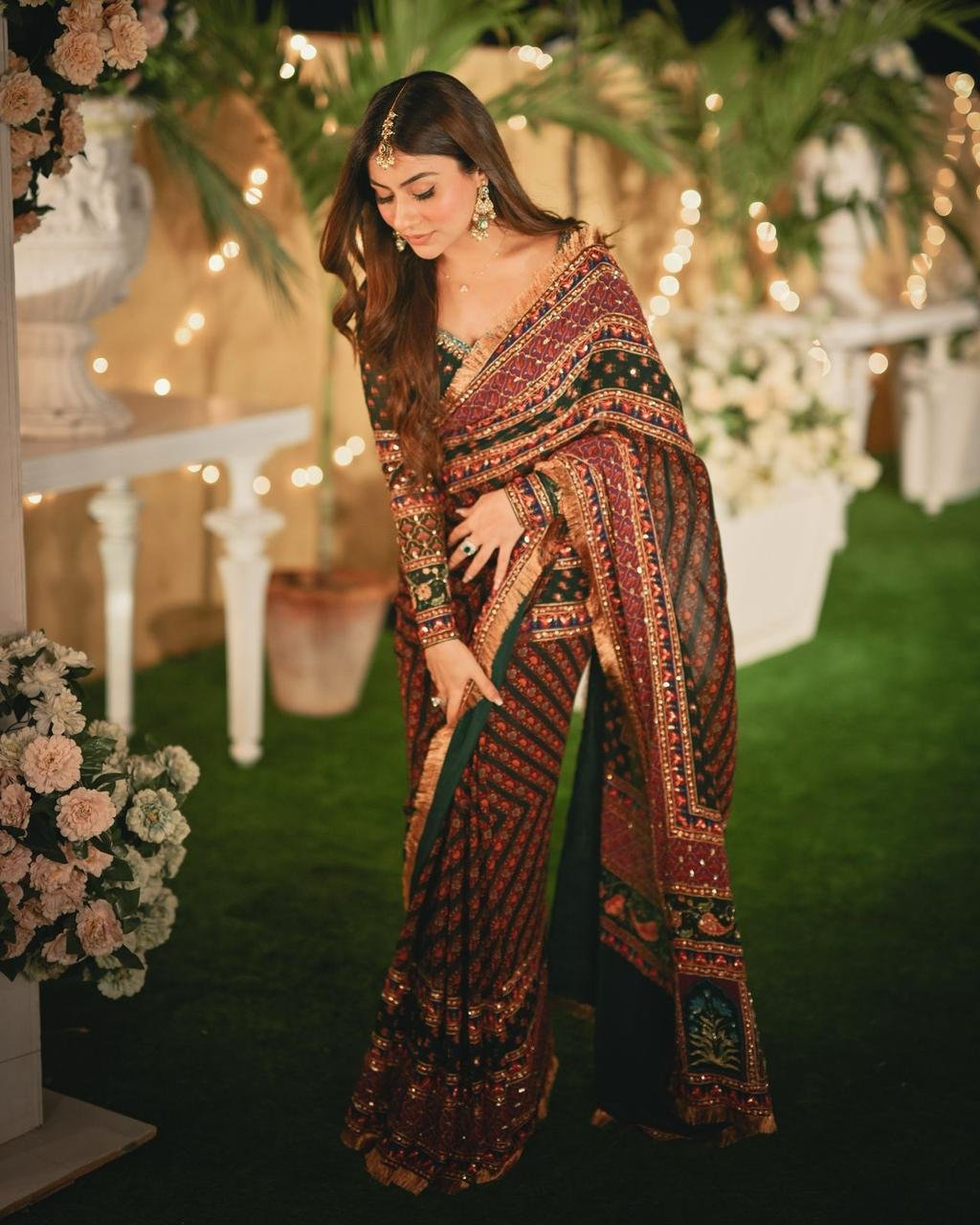Celebrity-Inspired Digital Printed Georgette Mirror Work Saree Code !! F B.S.