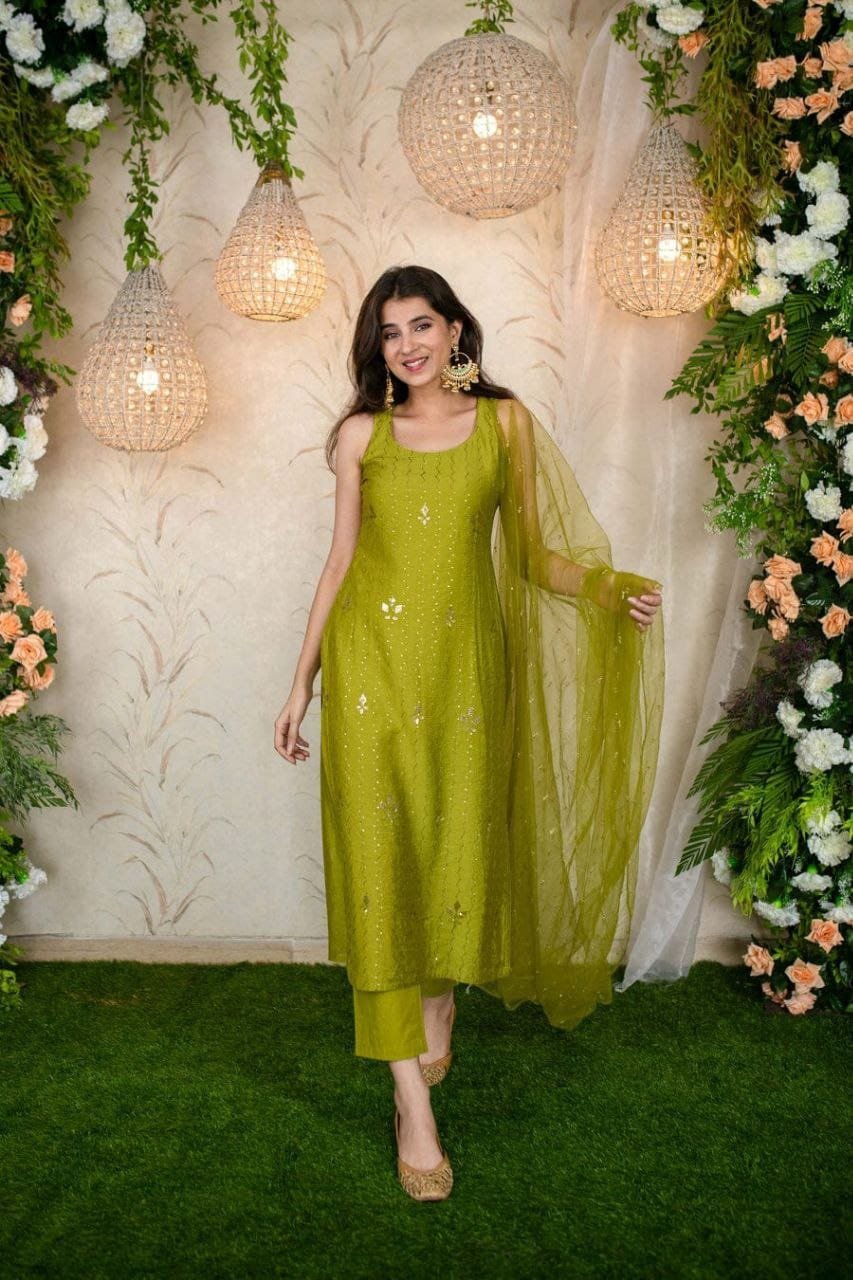 Premium Roman Silk Embroidered Kurti and Palazzo Set with Net Dupatta Code !! F B.K.