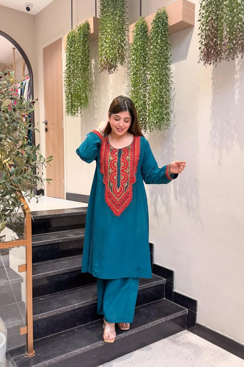 Elegant French Crepe Embroidered Kurti and Palazzo Set Code !! F.B.K.