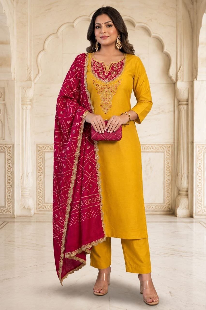 Trendy Slub Cotton Embroidered Kurti and Palazzo Set with Contrast Dupatta Code !! F.B.K.