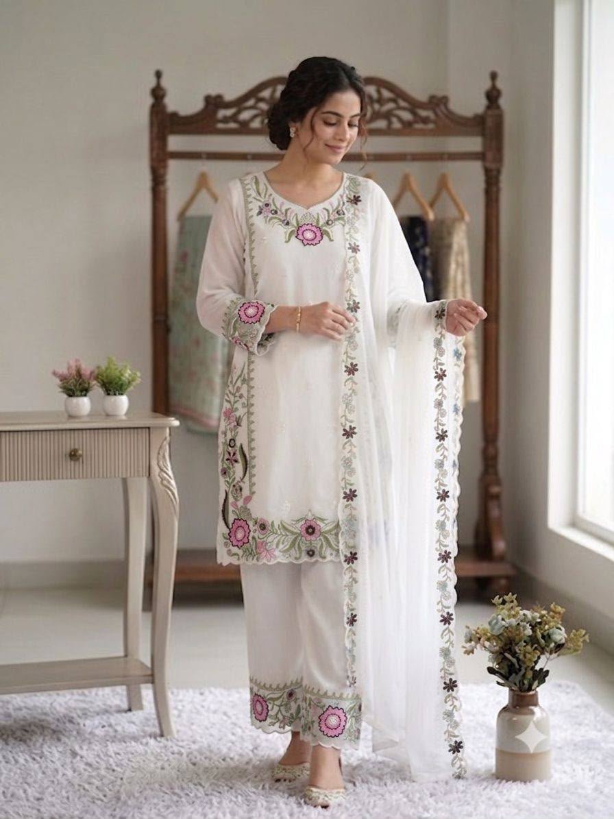 Elegant Floral Embroidered Fox Georgette Co-ord Set Code !! F B.P.S.