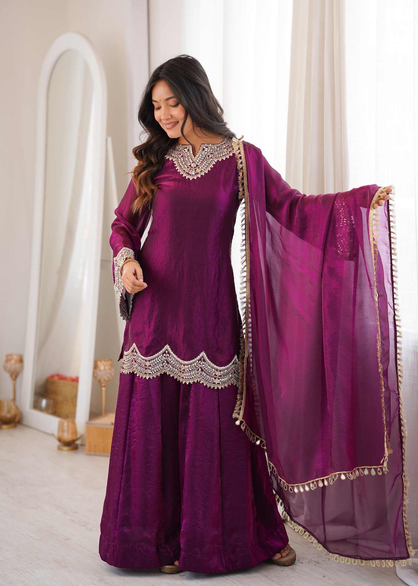 Elegant Fendy Silk Sharara Set with Mirror Work Code !! F B.S.S.