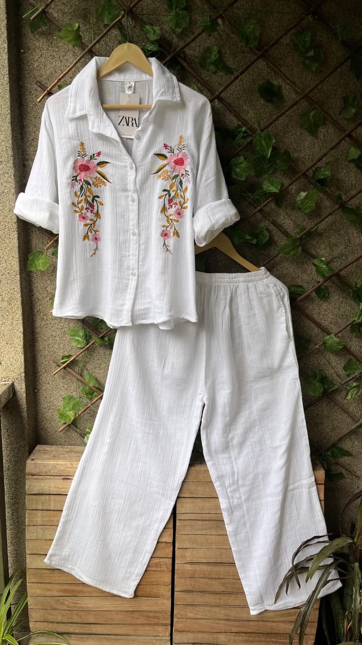 Stylish Floral Embroidered Mulmul Cotton Co-ord Set Code !! F.B.W.