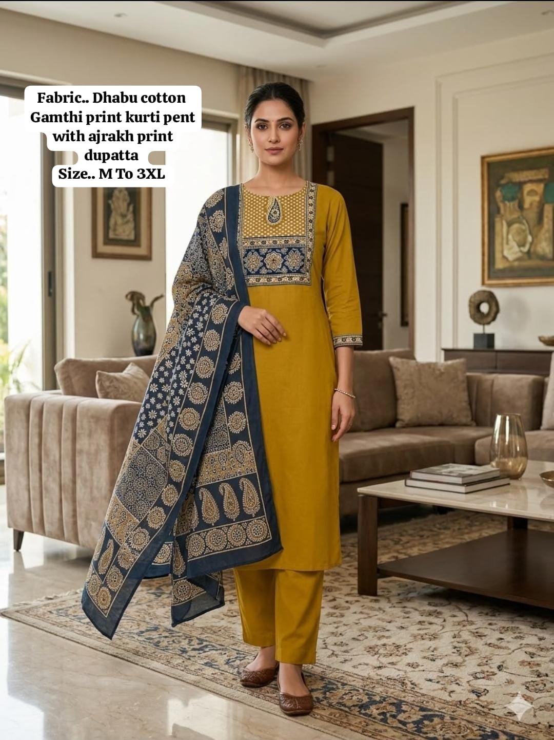 Traditional Dhabu Cotton Kurti Set with Gamthi Patchwork and Dupatta Code !! F.B.K.