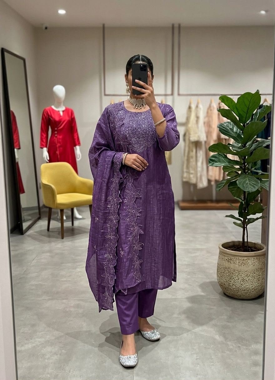 Elegant Embroidered Burberry Crush Straight-Cut Kurta Set Code !! F.B.K.