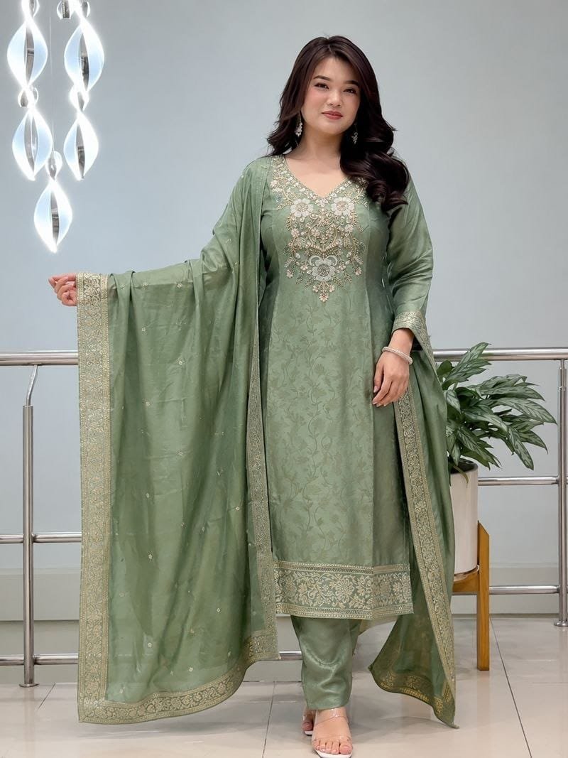 Elegant Pure Malay Glass Tissue Kanjivaram Handwork Suit Set Code !! F.B.K.