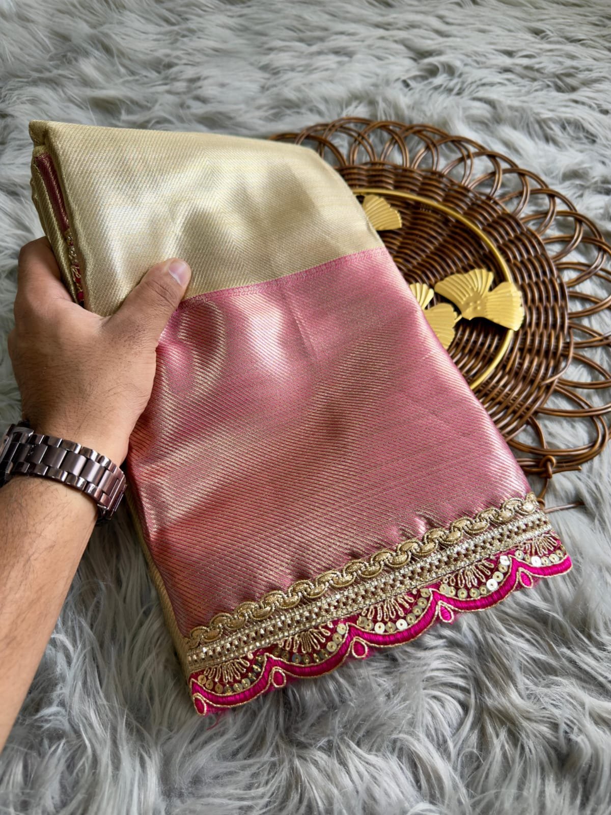 Celebrity-Inspired Golden Tissue Silk Saree with Contrast Pink Border Code-B.F.S.