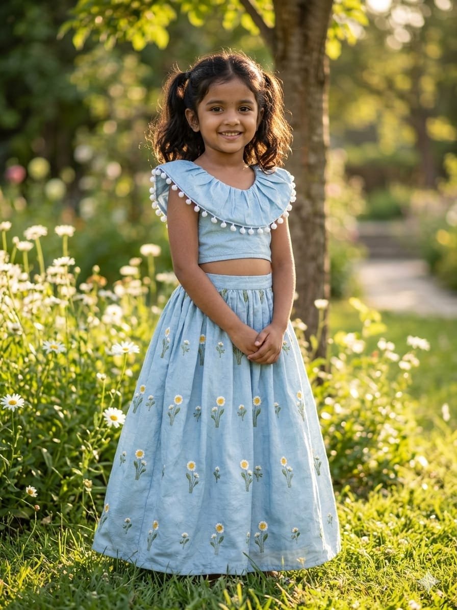 Tasarika Sky Blue Floral Embroidered Crush Silk Kids Lehenga Choli Code-Tasarika
