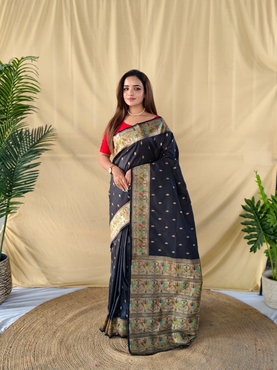 Tasarika Pure Black Soft Silk Banarasi Saree with Paithani Weaving Code-Tasarika
