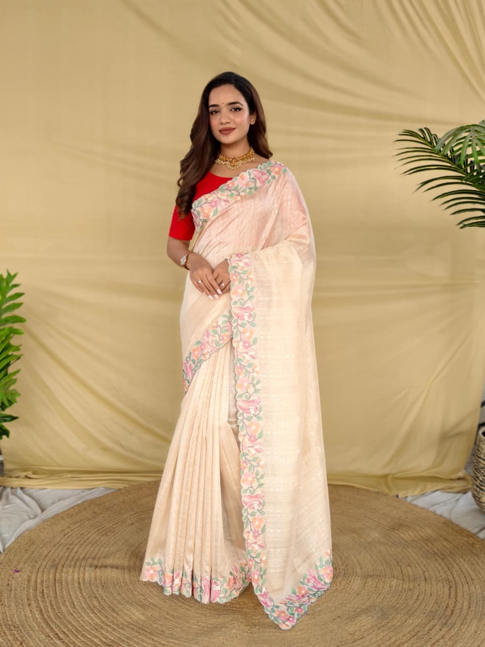 Tasarika Premium Tussar Silk Saree with Floral and Bird Motif Embroidery Code-Tasarika