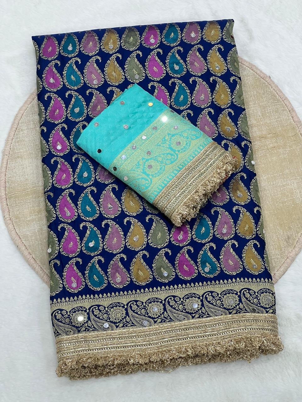 Grand Meenakari Satin Silk Saree with Traditional Jaipuri Zari & Mirror Embellishments Code !! V. S.S.