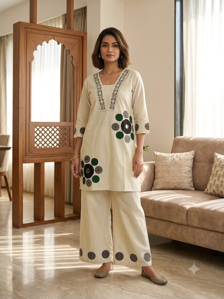 Elegant Block-Printed Co-Ord Set with Mirror and Katha Work Code !! F.B.K.