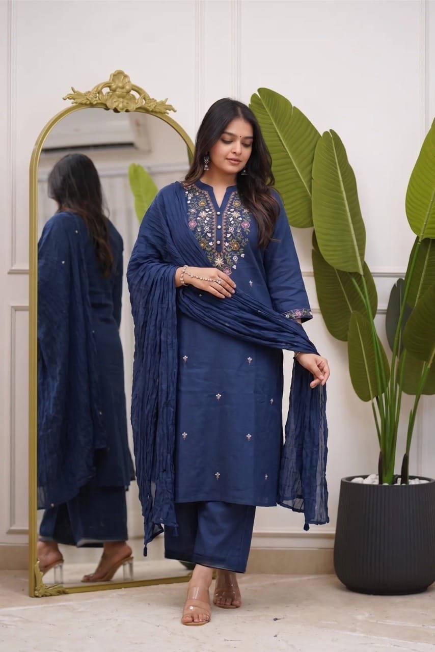 Elegant Embroidered Slub Cotton Kurti Set with Chanderi Dupatta Code !! F B.K.