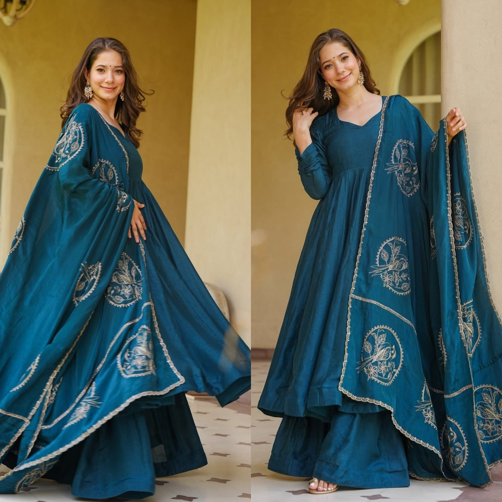 Elegant Vichitra Silk Anarkali and Plazo Set with Embroidered Dupatta (Code: F B.S.S.)