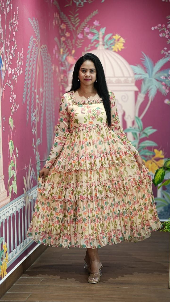 Flowy Floral Print Alfino Chiffon Tiered Gown (Code: F.B.W)