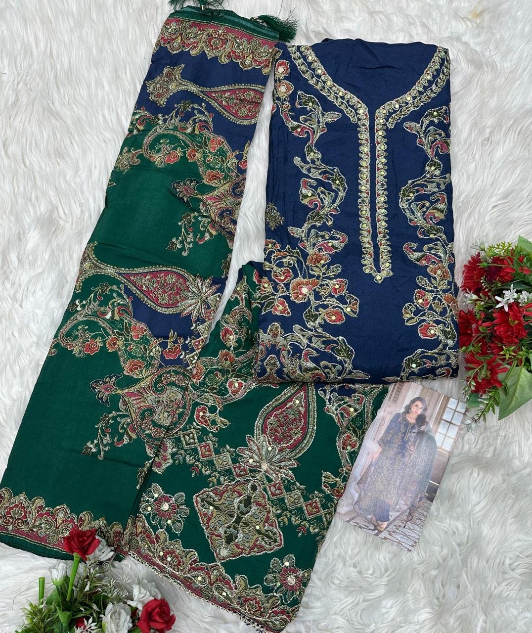 Exquisite Viscose Maslin Digital Print Suit Set with Aari and Handwork (Code: F.B.P.S.)