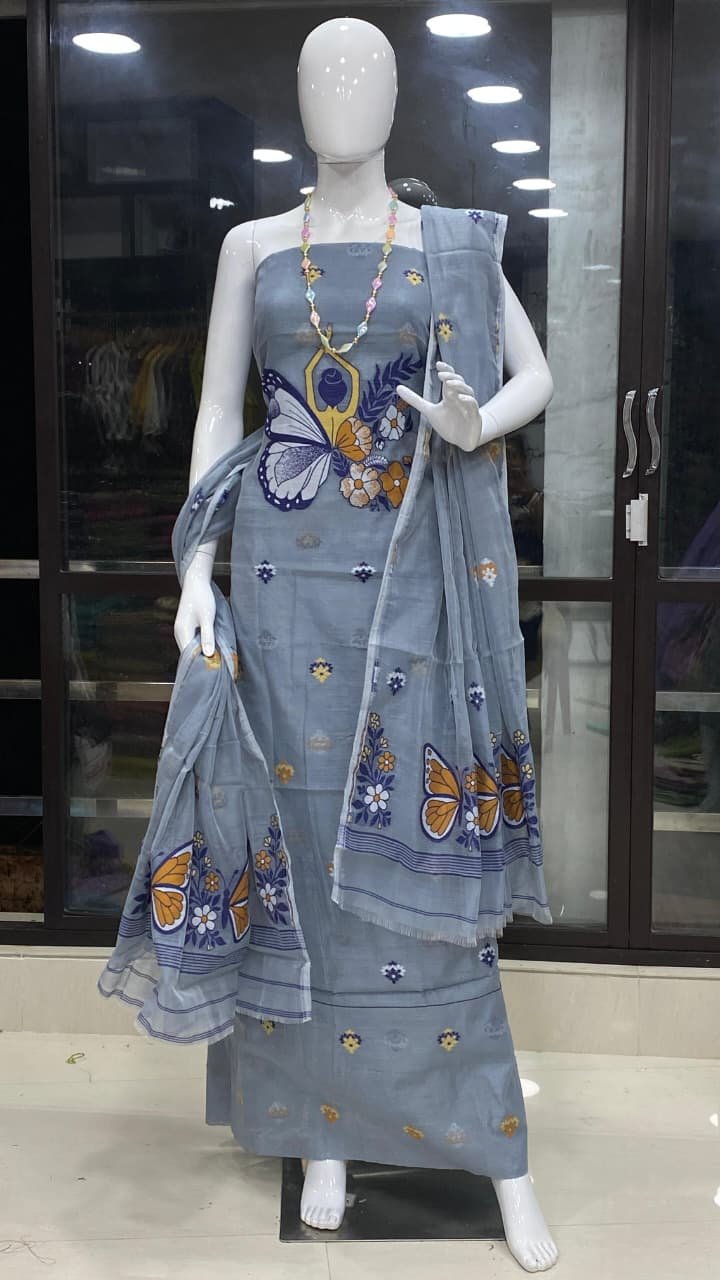 Exquisite Butterfly Motif Slab Khadi Unstitched Churidar Set (Code: T.T.G.C.)