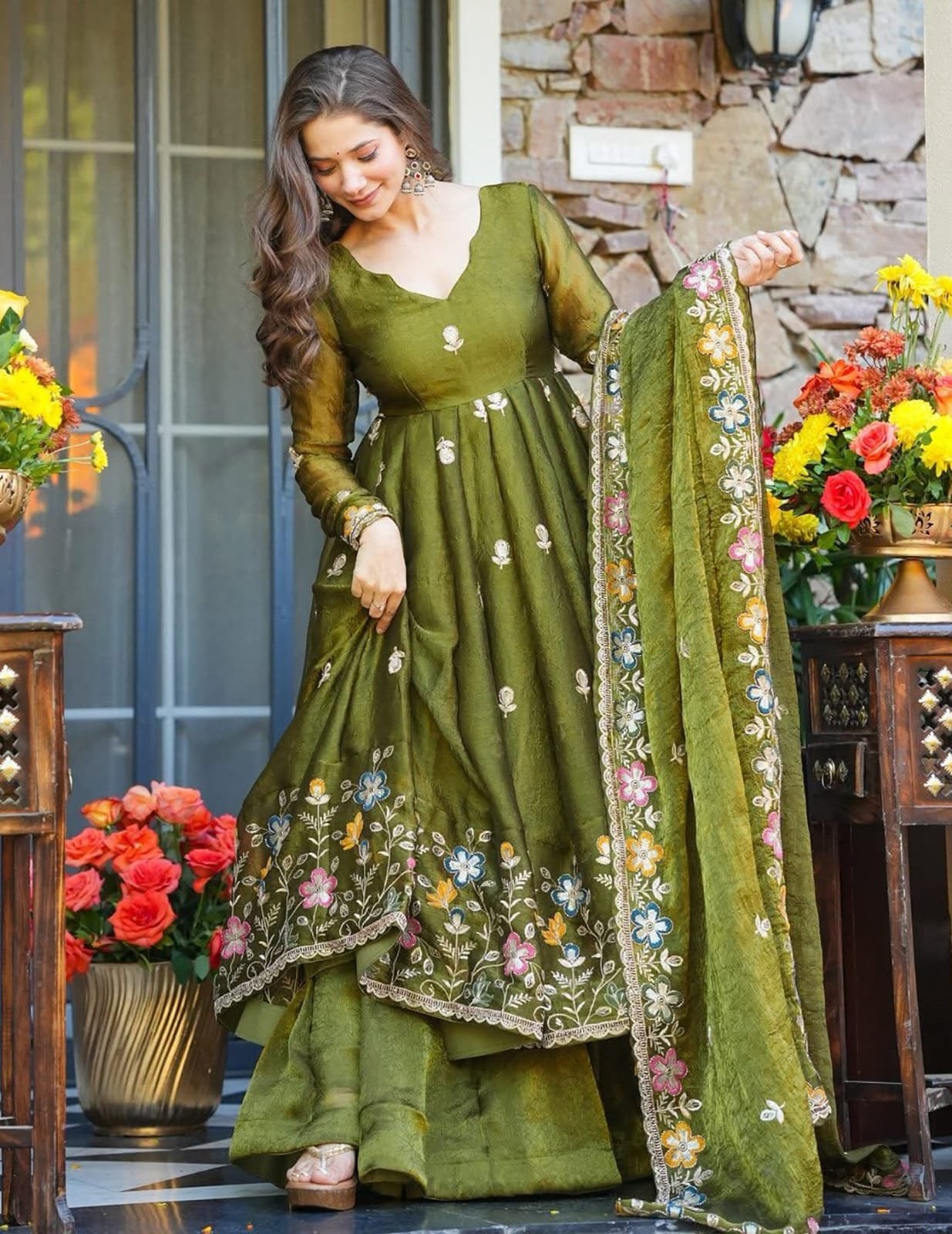 Elegant Olive Green Designer Anarkali Suit Set with Floral Embroidery (Code: F.D.F)