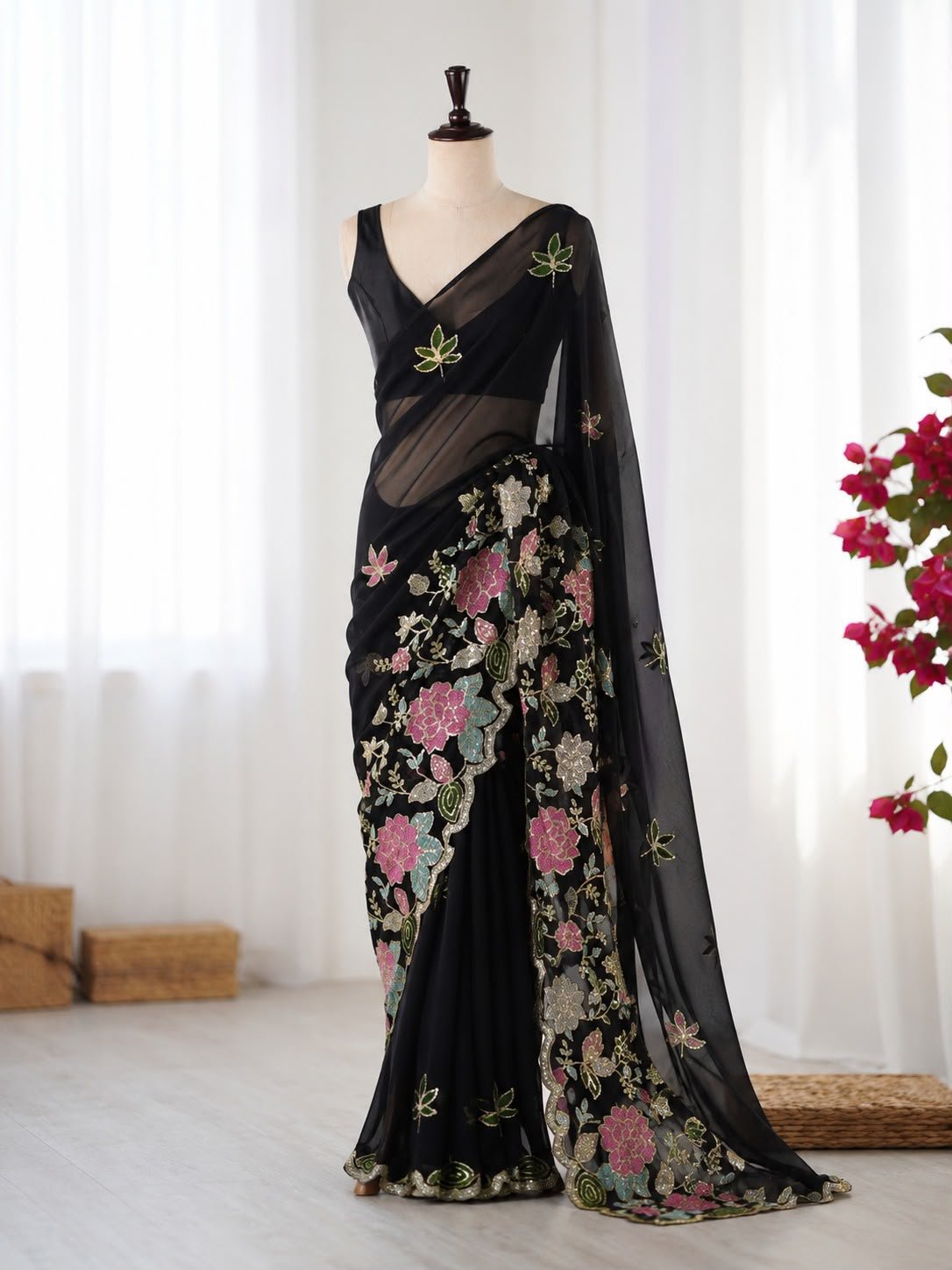 Designer Floral Sequin & Multi-Color Embroidered Georgette Saree (Code: F.B.S.)