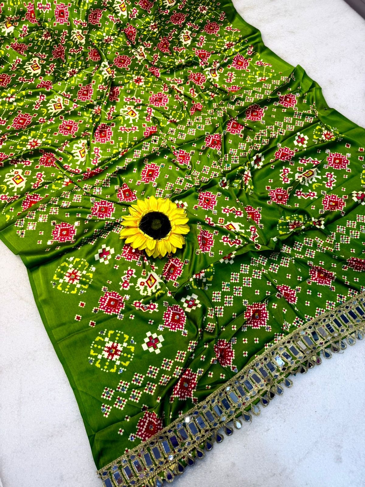 Ajrakh-Inspired Bandhej Silk Saree with Mirror Work Code !! F B.S.