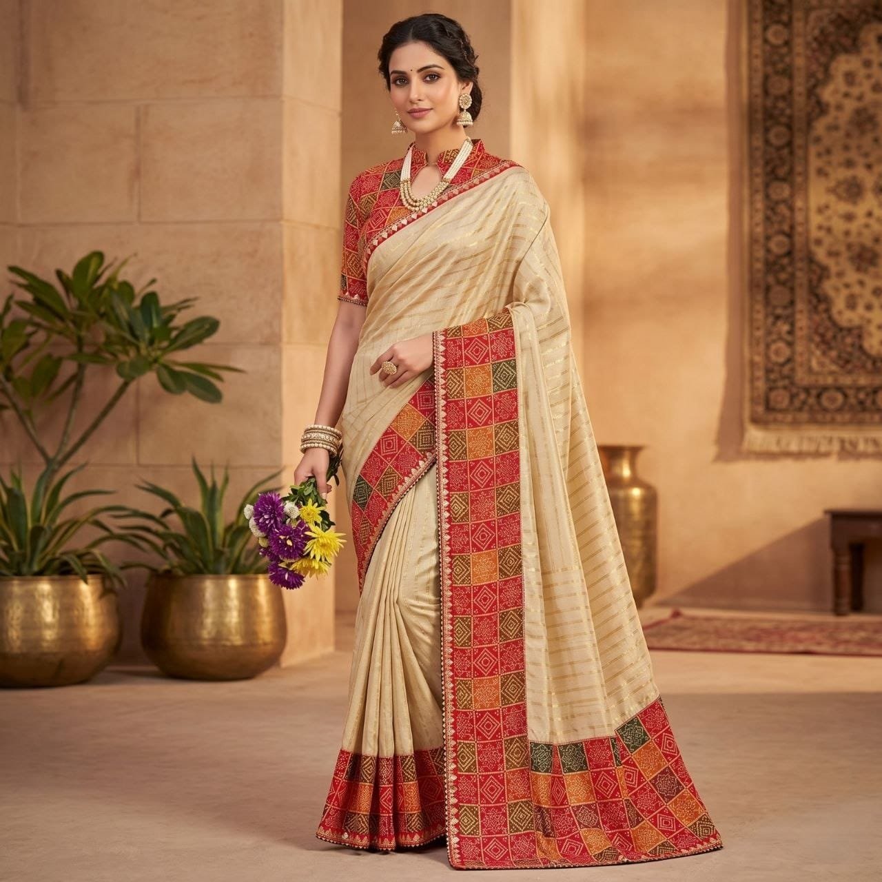 Elegant Bandhani Print Tussar Silk Saree with Sequins Embroidery Code !! F B.S.