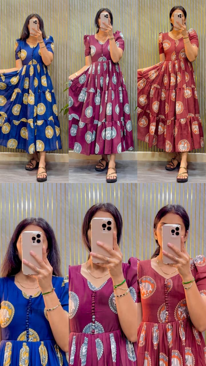 Designer Kalamkari Block Printed Midi Dress Code!! F B.S.S.