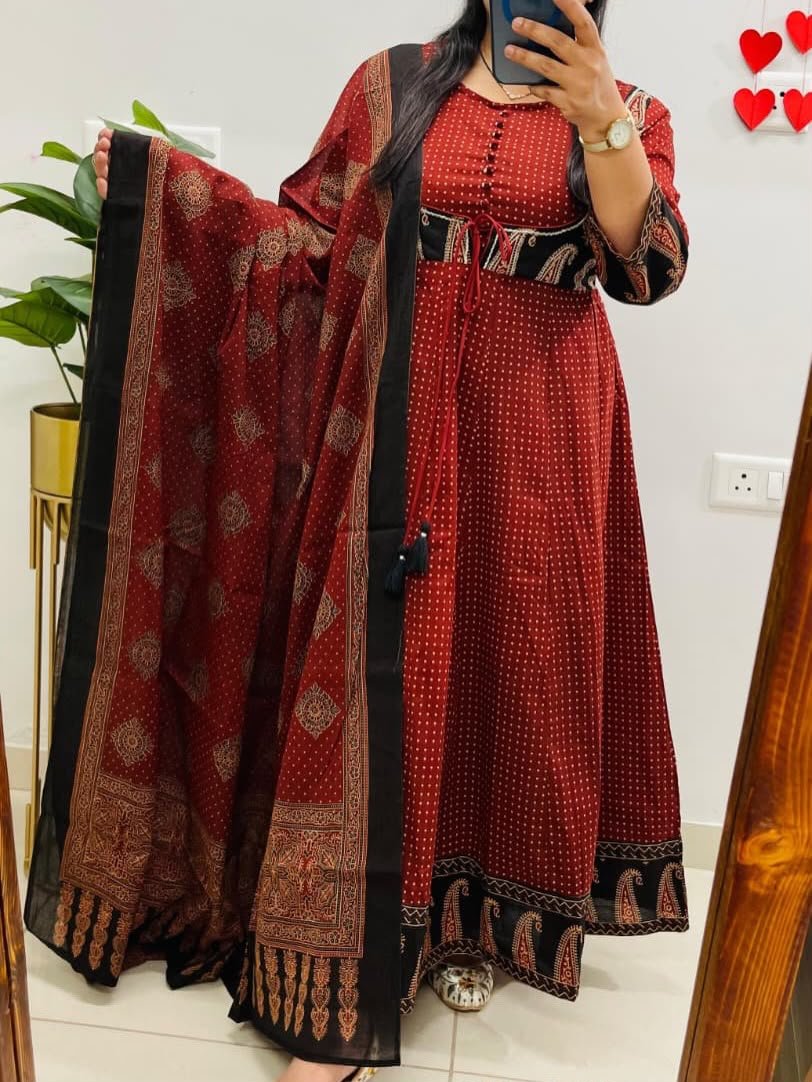 Ajrakh Cotton Anarkali Suit Set Code !! F.B.S.S.