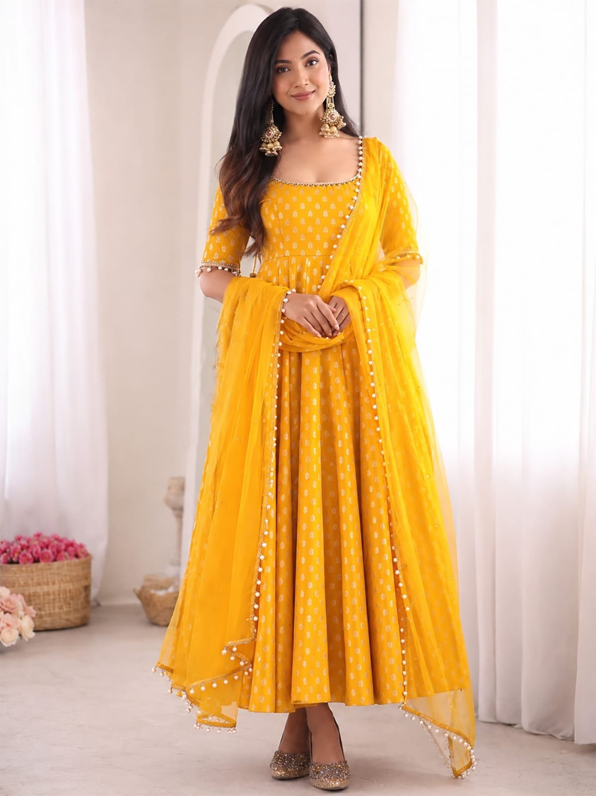 Designer Chanderi Jacquard Butti Anarkali Suit Set Code-F.D.F.
