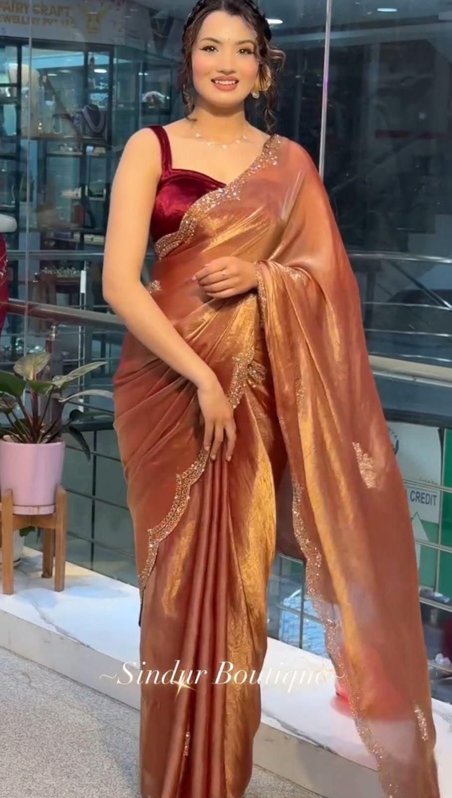 Glamorous Heavy Satin Silk Saree with Swarovski Embellishments Code!! F.B.S.