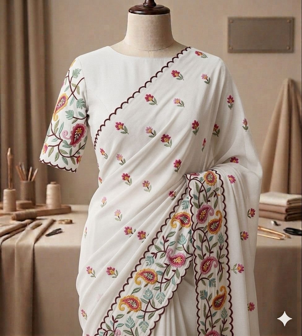 Elegant Star Georgette Saree with Floral Embroidery Code!! F.B.S.