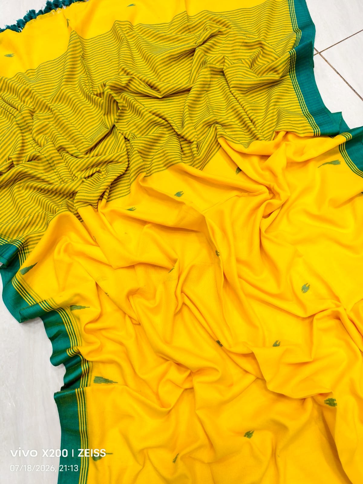 Exclusive Pure Cotton Handwoven Yellow & Green Saree with Contrasting Border and Tassels Code !! T.T.G.C.