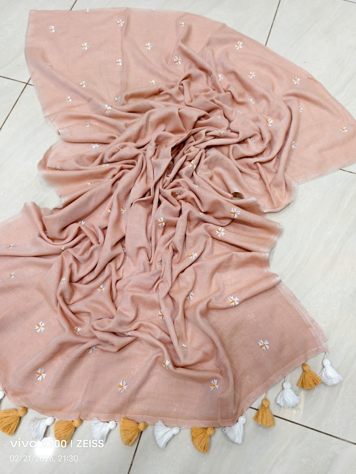 Exclusive Pure Mulmul Cotton Siuli Embroidered Saree with Tassels Code!! T.T.G.C.