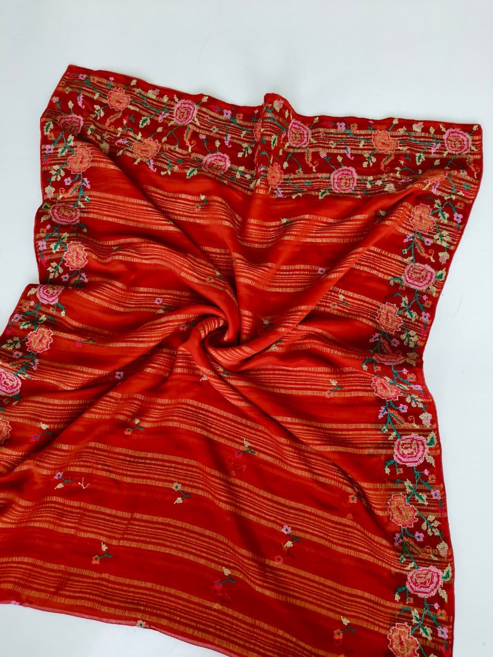 Pure Soft Chiffon Saree with Fancy Weaving Patta and Petite Point Work Code !! T.S.K.