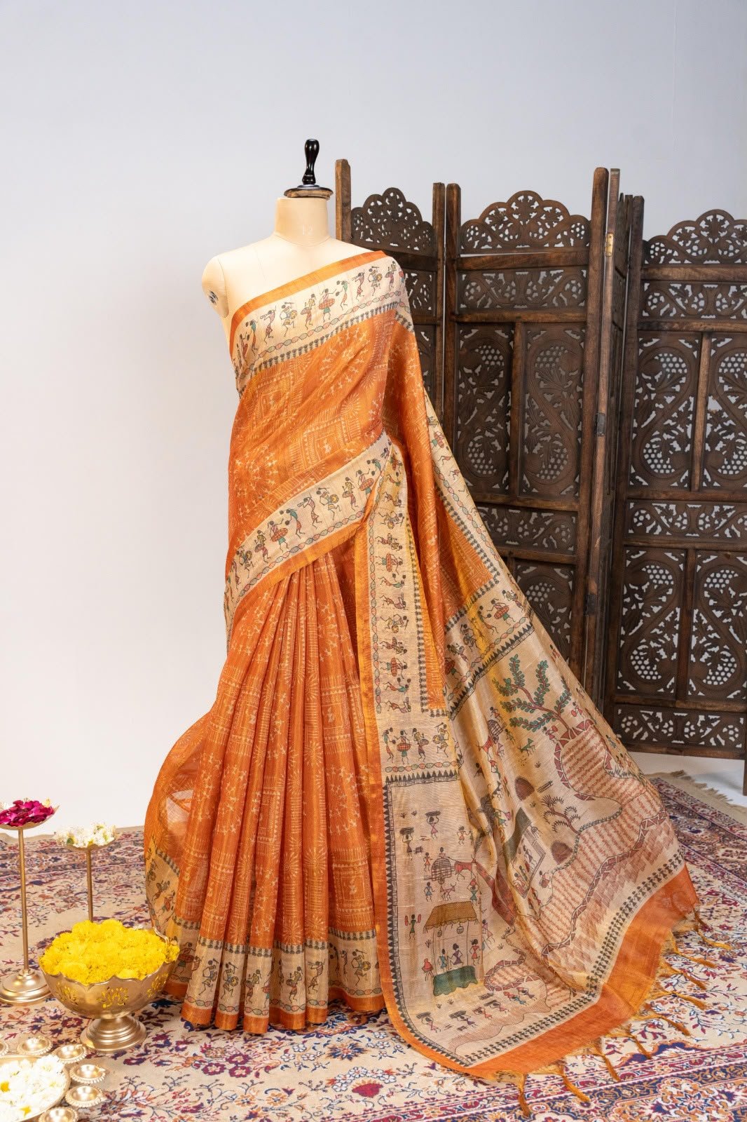 Premium Soft Tissue Tussar Silk Saree with Traditional Warli Print Code-A.P.F.