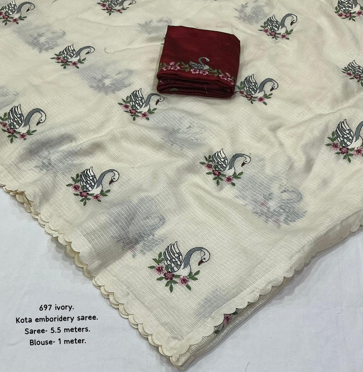 Soft Kota Doria Saree with Swan Embroidery and Contrast Blouse Code-A.P.F.
