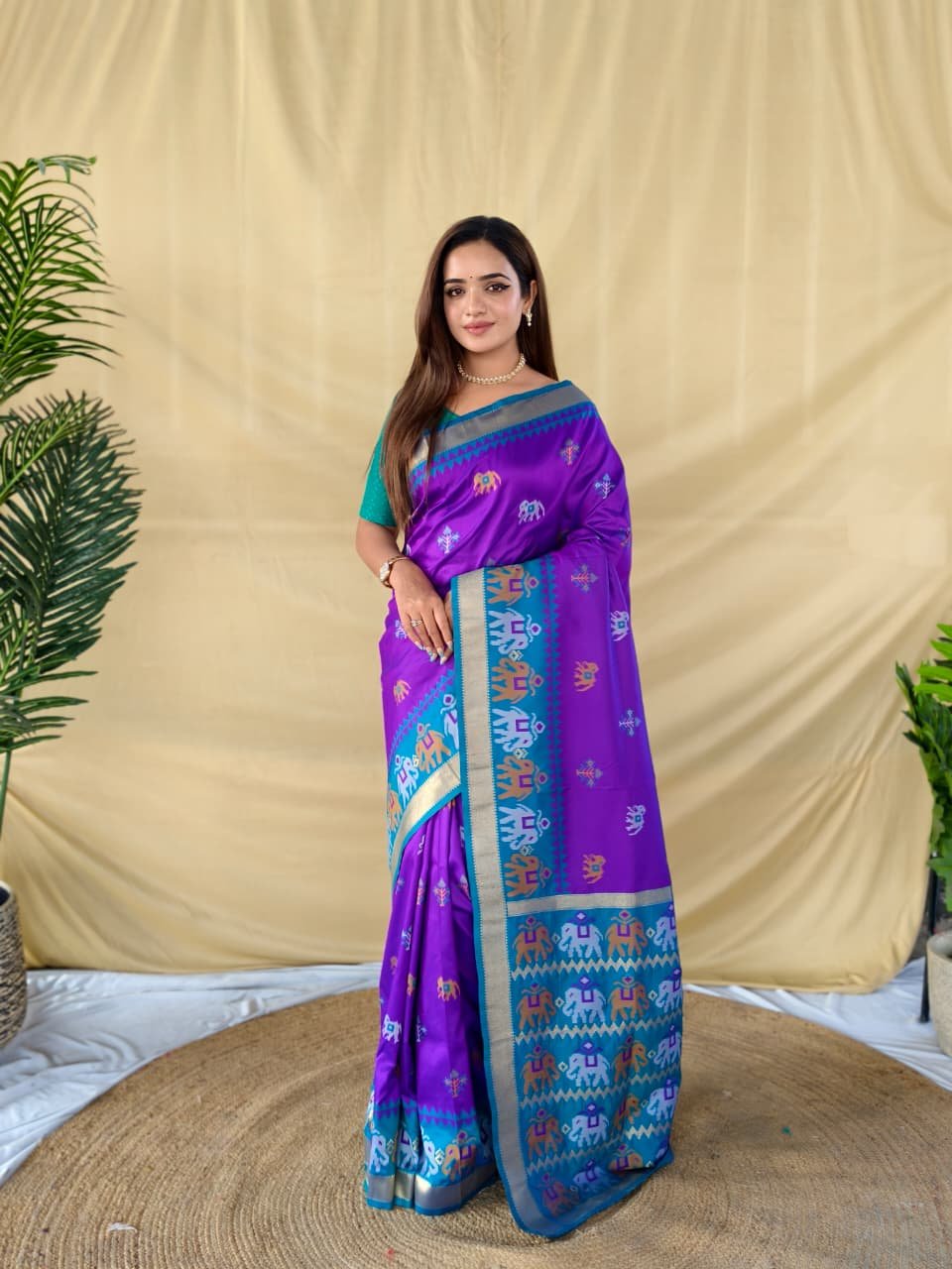Soft Silk Saree with Elephant Motifs and Contrast Border Code !! F.B.S.
