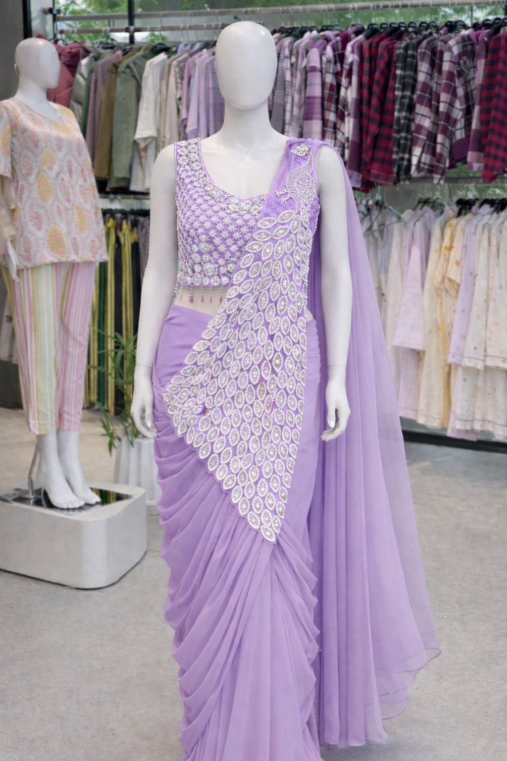 Ready-to-Wear Heavy Georgette Saree with Sequence Embroidery Work Code!! F.B.S.