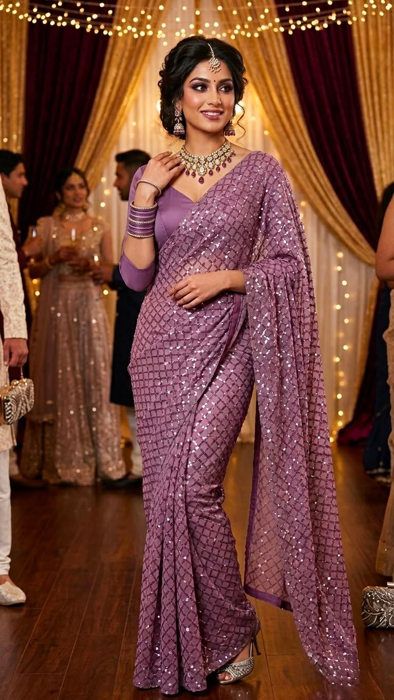 Export Quality Dual Sequins Work Saree with Mulberry Silk Blouse Code!! F.B.S.
