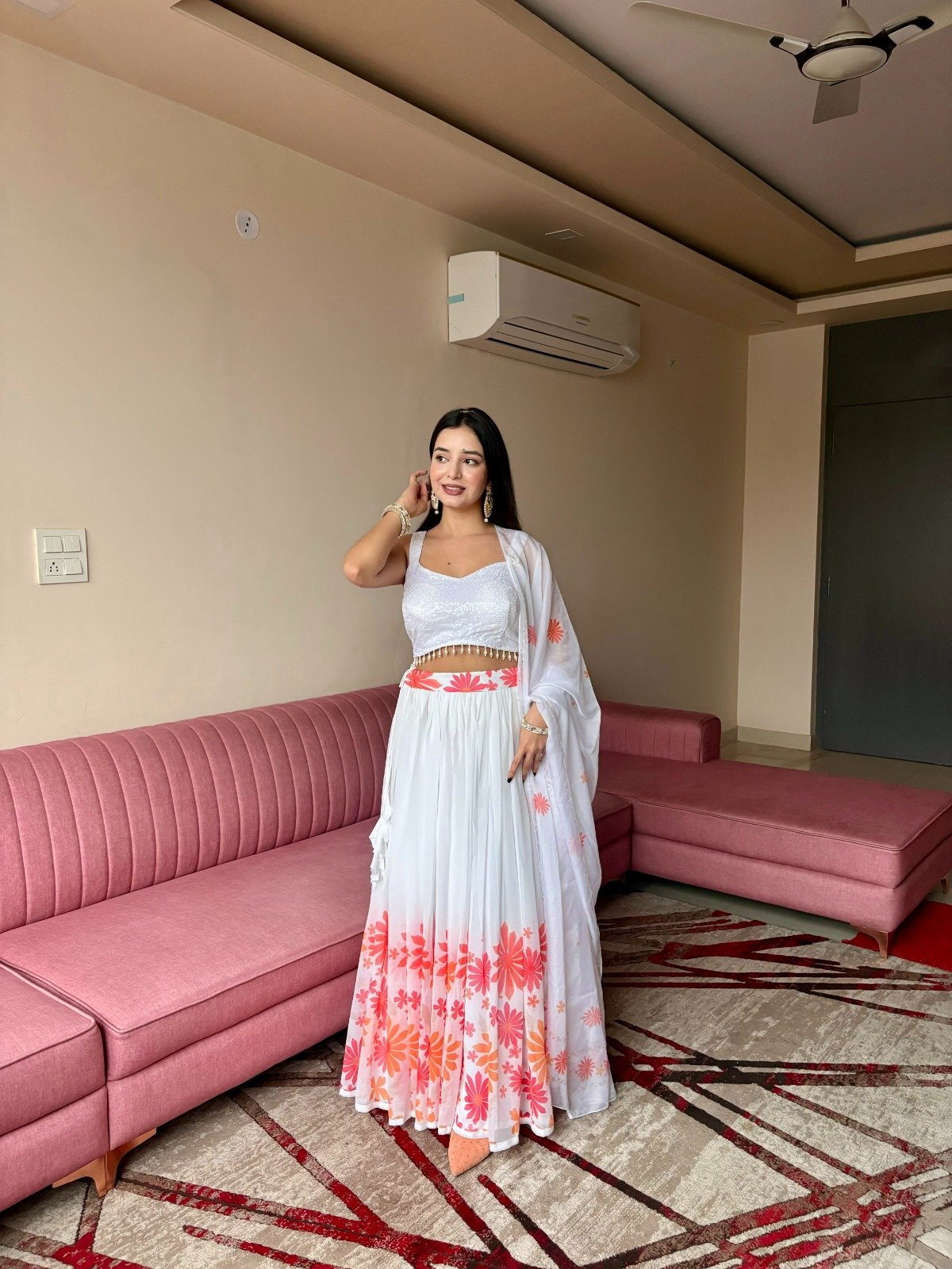 White and Coral Ombré Floral Soft Georgette Lehenga Set Code !! K.&.R.