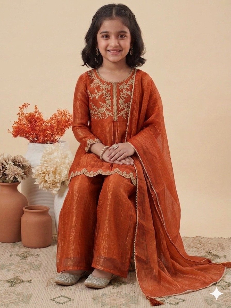 Girls Ethnic Crunchi Silk Top with Palazzo and Dupatta Set Code !! F.B.K.W.