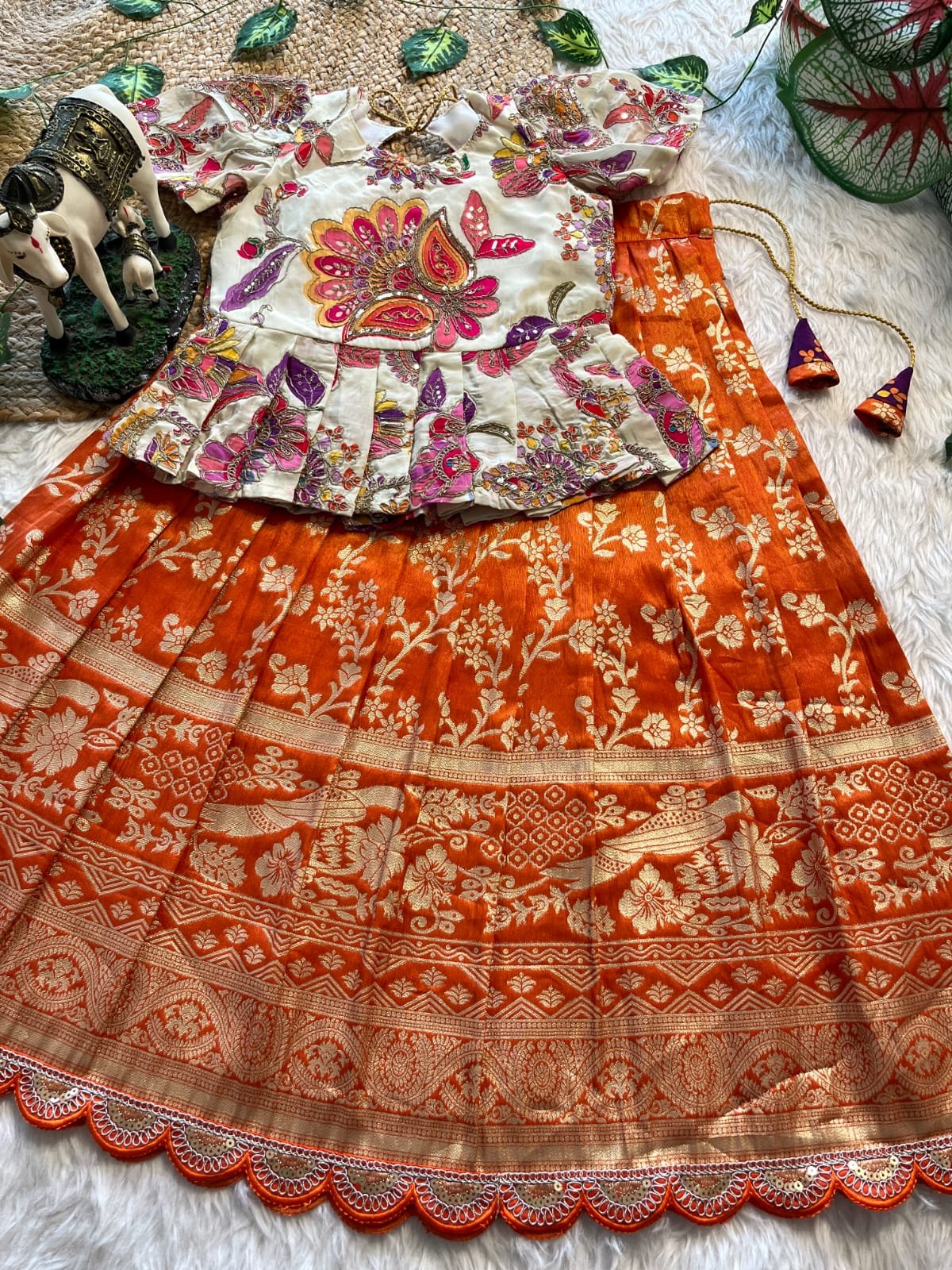 Kids Designer Natural Crepe Position Work Top and Pure Tissue Pattu Pavadai Set Code !! F.B.K.W.